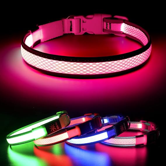 Light up Dog Collar Lights for Night Walking - Waterproof LED Dog Collar light Rechargeable Glow in The Dark Dog Collars for Small Dogs (Pink, Small)