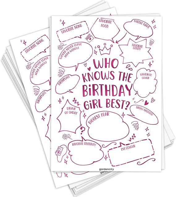 GardenCity Who Knows The Birthday Girl Best Game, Girl Birthday Party Games, Fun Game for Teens, Sleepover Games for Girls 10-12, Slumber Party Activities for Kids (50 pcs)