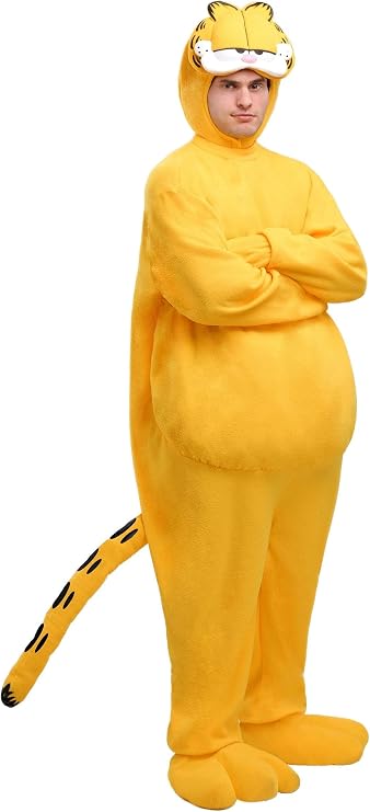 Mens Plus Size Garfield Halloween Costume | Adult Cat Jumpsuit with Headpiece, Mitts, Foot Covers for Themed Parties