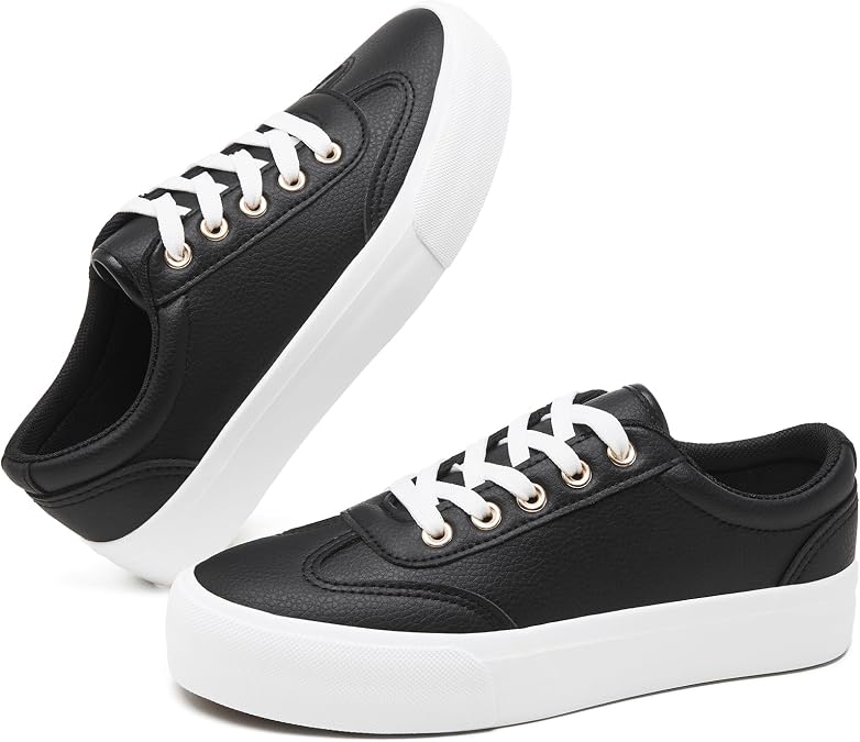 TUOPIN Women's Tennis Shoes White PU Leather Platform Sneakers Comfortable Lace-Up Walking Shoes Fashion Chunky Athletic Sneakers for Women(Black.US6