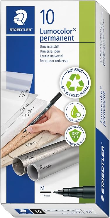STAEDTLER 317-9 Lumocolor Permanent Pen, Medium Line Width, 1.0mm - Black (Box of 10)