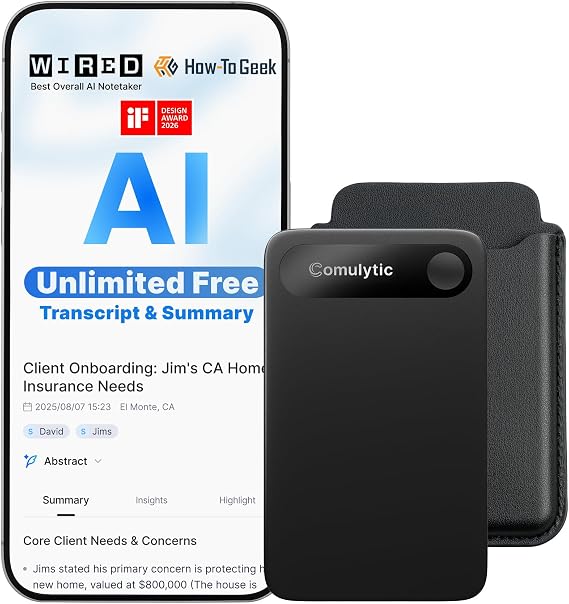 Comulytic Note Pro AI Voice Recorder, AI Taking Device and Meeting Recorder | Unlimited Transcribe & Summarize, AI Voice Recorder with Noise Reduction, Supports 113 Languages, Ultra-Slim Case Included