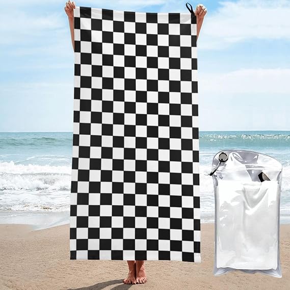 Checkered Black and White Microfiber Beach Towel Extra Large 31.5"X63"-Quick Dry Lightweight Towel, Compact Fast Drying Towel for Travel, Swimming Pool