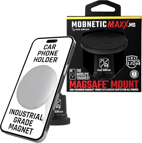 Mob Armor MobNetic Maxx MS - MagSafe Compatible Car Phone Mount w/ 90o Tilt, 360o Rotation & Durable Aluminum Build, Magnetic Holder for iPhone & Android Devices, USA Assembled - Black