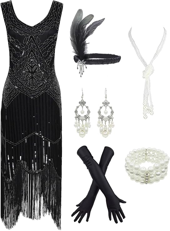 1920s Gatsby Sequin Fringed Paisley Flapper Dress with 20s Accessories Set