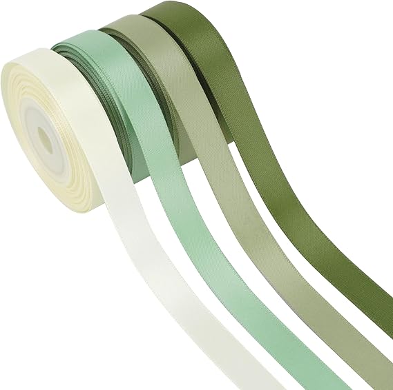 HUIHUANG Sage Green Satin Ribbon 1/2 inch x 4 Rolls Ivory/Sage/Dusty Sage/Moss Green Ribbon for Gift Wrapping DIY Crafts Hair Bows Flower Bouquets Wedding Decor- Total 40 Yards