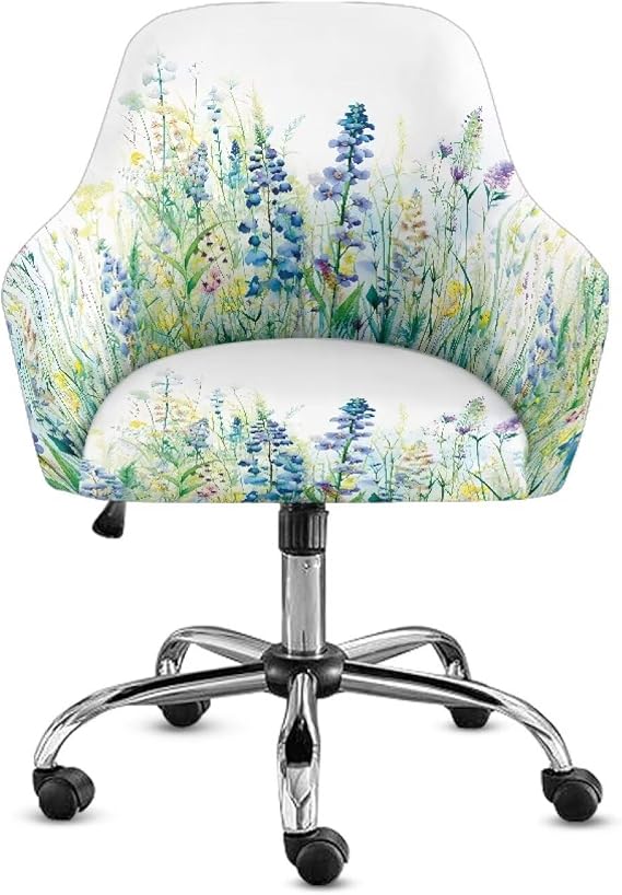 Curved Back Dining Chair Slipcover for Home Kitchen Decor Non Slip Swivel Armchair Cover Stretchy Office Deck Chair Slipcover Blue Green Floral
