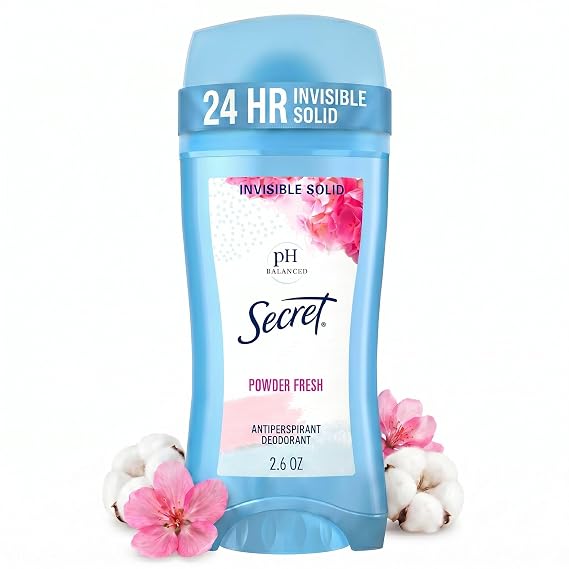 Secret Antiperspirant and Deodorant for Women, 24hr Sweat & Odor Protection, PH Balanced Protection, Gentle on Skin, Invisible Solid, Powder Fresh Scent, 2.6 oz