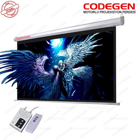 Codegen EX-18 180x180cm Siyah Fonlu Elektrikli Uzaktan Kumandalı Projeksiyon perdesi, Beyaz