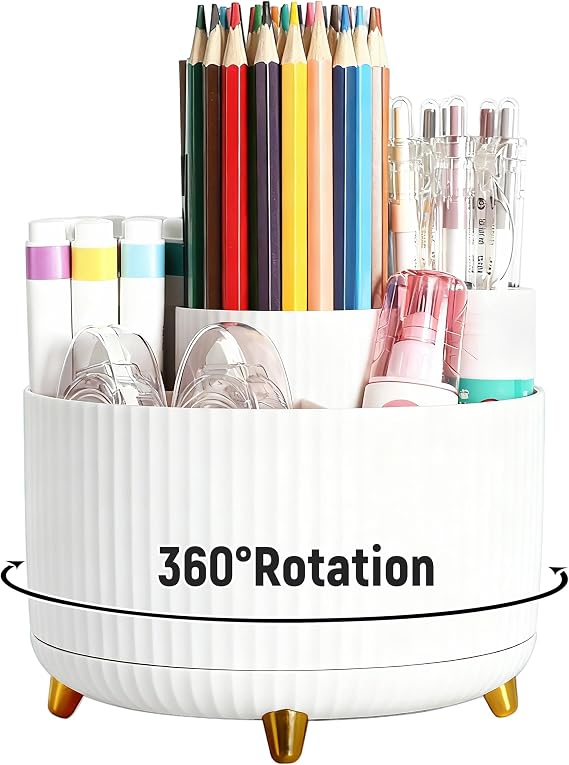 Desk Organiser, 360° Rotating Desk Pen Holder, White Pen Pot
