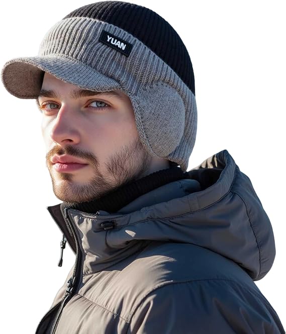 Yuan Winter Cap -Cozy Head Beanies-Fleece Lined Beanie with Brim and Ear Flaps,Elastic Fabric, Unisex