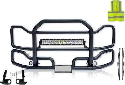 Front Grille Deer Moose Brush Bumper Guard Large Black Compatible with Volvo VNL 2018 and newer  Bracket, Logo with Stripe, 22 LED Light Bar, Wipers, License Plate Holder and Frame, Vest