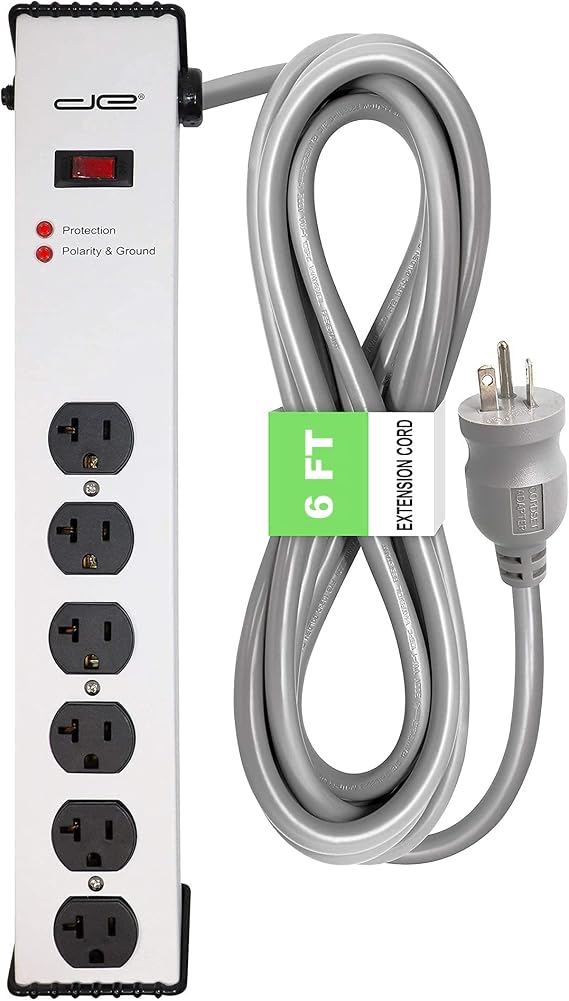 Digital Energy 20 Amp 6-20/T- Slot Plug | 6-Ft Cord - 900 Joule Surge Protector | 6-Outlet, Heavy Duty Steel Body Power Strip