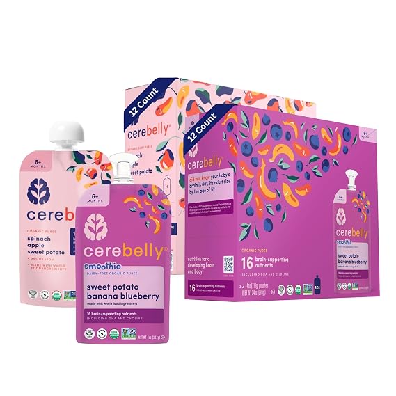 Cerebelly Baby Food Pouches, Veggie Purees for Toddlers, No Added Sugar, Fiber, Non-GMO, 4 Ounce BPA-Free, Sweet Potato Blends, 24 Count