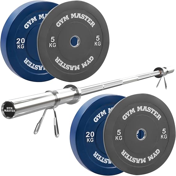 GYM MASTER Olympic Weight Bar and Coloured Bumper Weights Plates