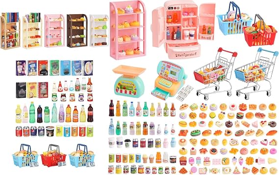 335Pcs Mini Shopping Cart Basket Miniature Food Drink Toy Supermarket Metal Handcart Shelves Cash Register Fridge Food Scale Trolley Dollhouse Store Grocery Accessories Kitchen Play Game Party Model