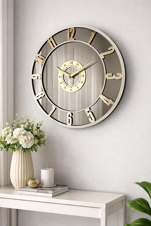 Modern Duvar Saati, Gold Rakamlar, Gümüş Ayna Yüzey, 40 cm Çap, MDF Gövde, Beyaz Ahşap Detaylar