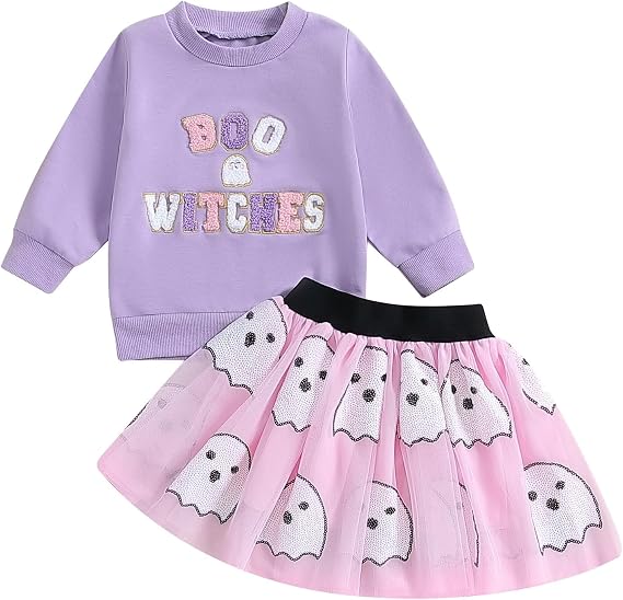 Toddler Halloween Outfit Costume Baby Girl Boo Witches Shirt Sweatshirt and Tulle Skirts Little Girls Clothes Costumes