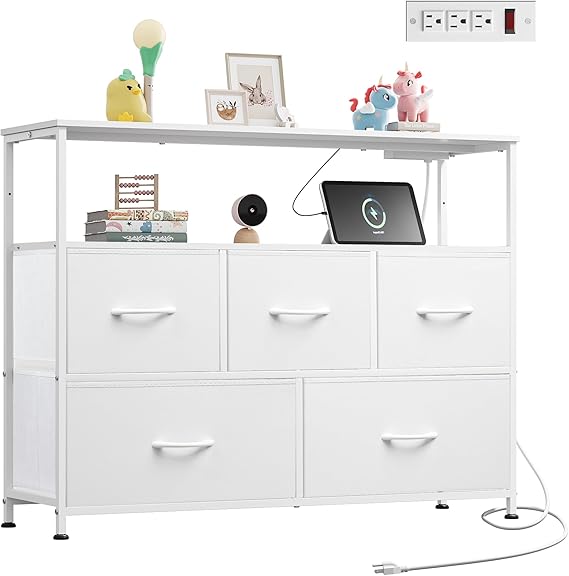 WLIVE White Dresser for Bedroom with 5 Drawers,Fabric Dresser with Charging Station, Chest of Drawer with Open Shelves, Storage Dresser for Living Room, Closet, Entryway