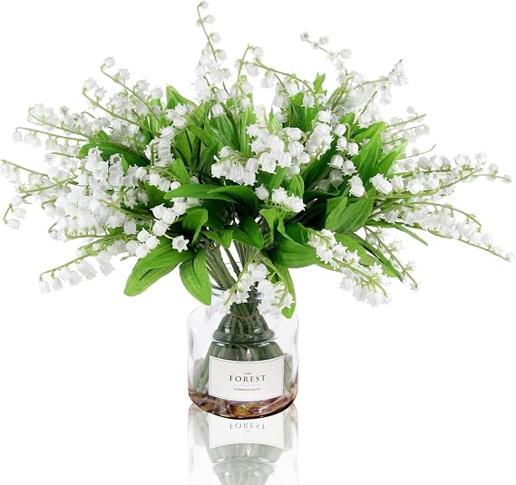 Tinsow 20 Pcs Artificial Lily of The Valley Faux Flowers Bell Orchid Wedding Bouquet, May Flower for Home Garden Wedding Party (20)