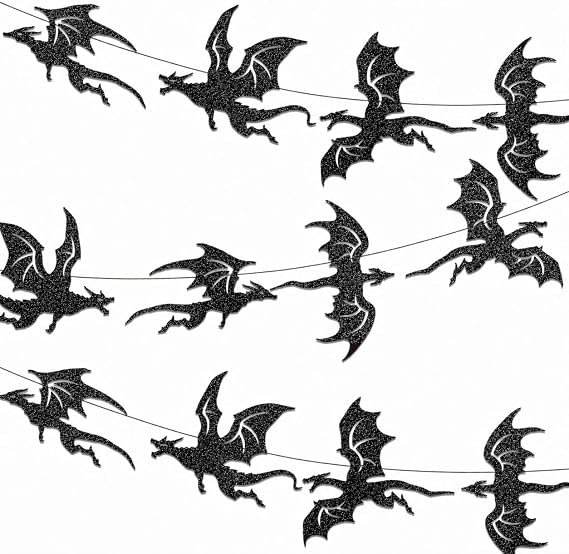 Cheerland Black Dragon Banner Dragon Birthday Party Decorations Medieval Fantasy Themed Ceiling Hanging Silhouette Glitter Dragon Decor Streamers Photo Backdrop Dragons Garland Party Supplies 36Pcs