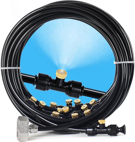 Bonviee 100FT Misters for Outside Patio, 28 Nozzles, 3/4 Inch Brass Adapter