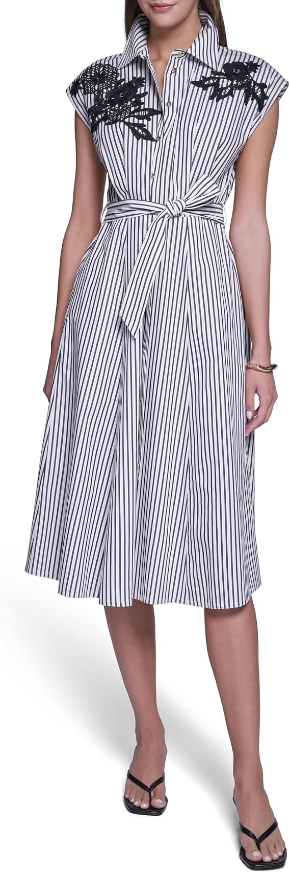 Halston Women's Cap Sleeve Midi Striped Shirt Dress with Floral Applique