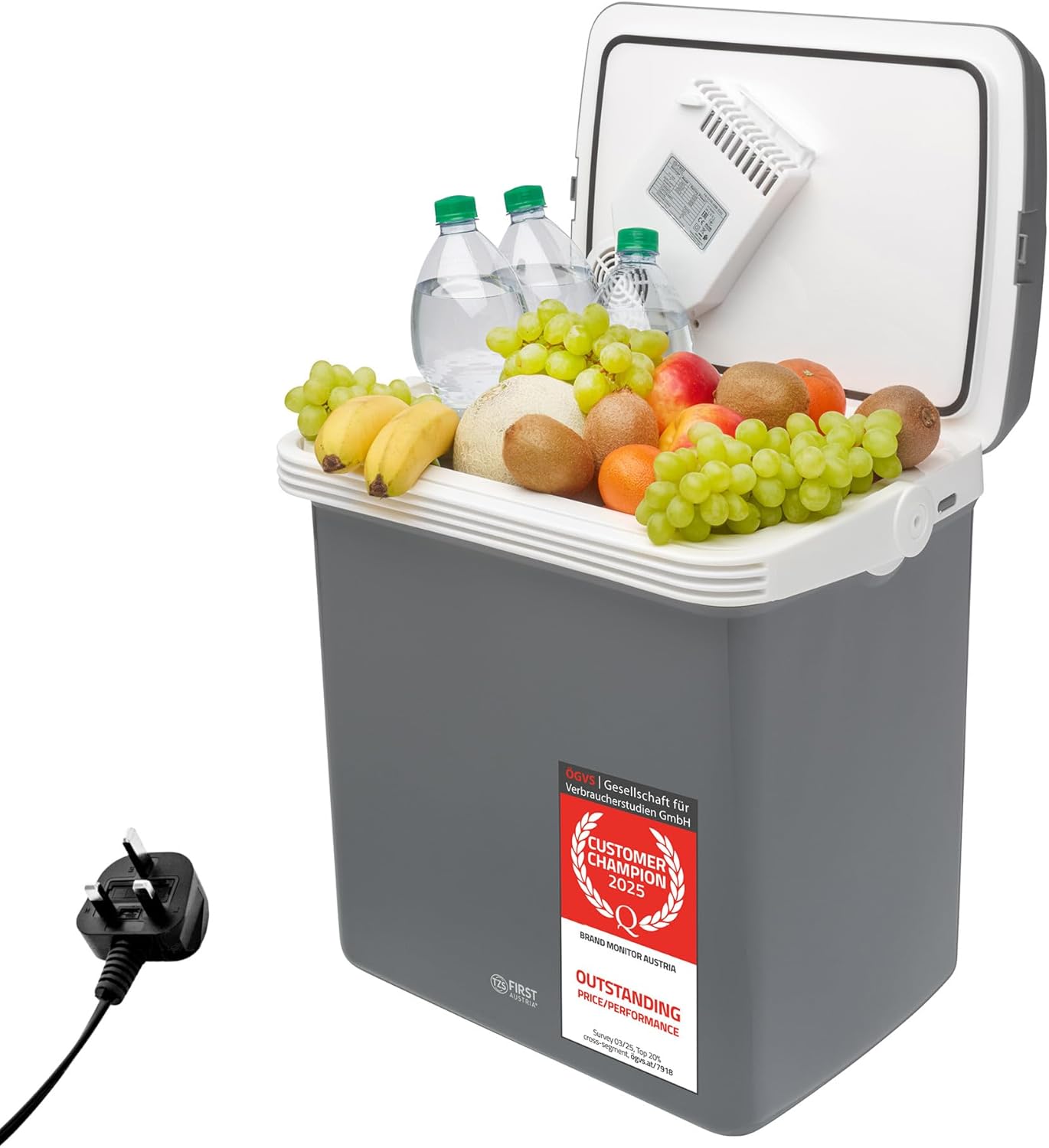 TZS First Austria - Electric Cool Box 32L - Cooling & Warming Function - 12V230V for Car & Mains - Quiet Thermoelectric System - Portable for Camping & Travel - Grey