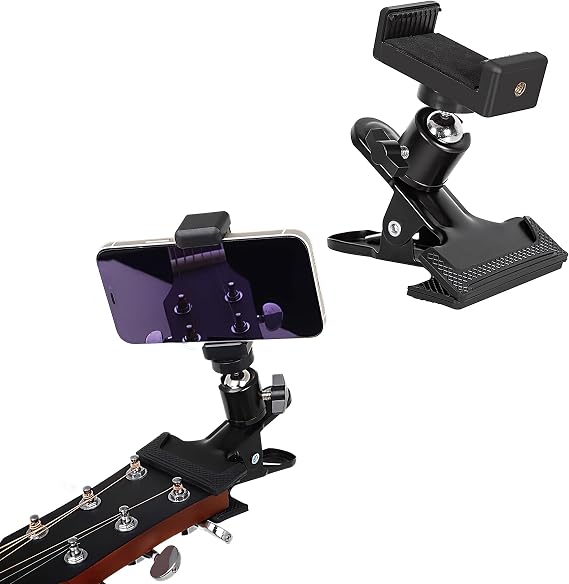 Black LMS Guitar Phone Mount Clip On 360 Rotating Ball Head | Suitable for 5.5-7.5cm Handset , Clamp Install, Versatile Functionality Multipurpose Use