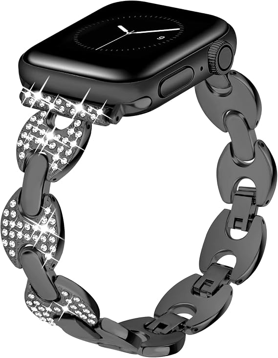 JR.DM Bling Bands Compatible with Apple Watch 41mm 40mm 38mm 45mm 44mm 42mm 46mm 49mm Women Dressy Jewelry Diamond Chain Bracelet Metal Strap for iWatch Series SE/10/9/8/7/6/5/4/3/2/1/Ultra, Black