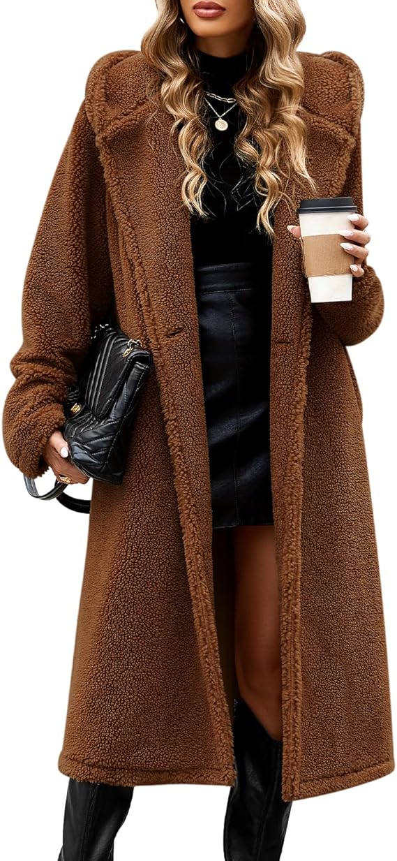Women's Fuzzy Fleece Hooded Coat Winter Oversize Long Cardigan Jacket Warm Faux Fur Outwear with Pockets