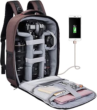 Cwatcun Camera Backpack with Rain Cover, Tripod Holder, USB Port, 15.6" Laptop Compartment, Waterproof Professional Photography Camera Case Bag for Canon Sony Nikon SLR DSLR Cameras, Lens, Brown