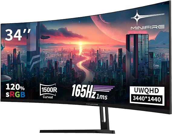 Minifire 34-Inch UWQHD Curved Gaming Monitor 165 Hz (DP) 3440 x 1440 Curved 1500R 1 ms (MPRT) 100 Hz (HDMI) AMD FreeSync VA Panel 2xHDMI 2.1(TMDS)/1xDP 1.4 Ports (MFG34C5Q DP Cable Included)