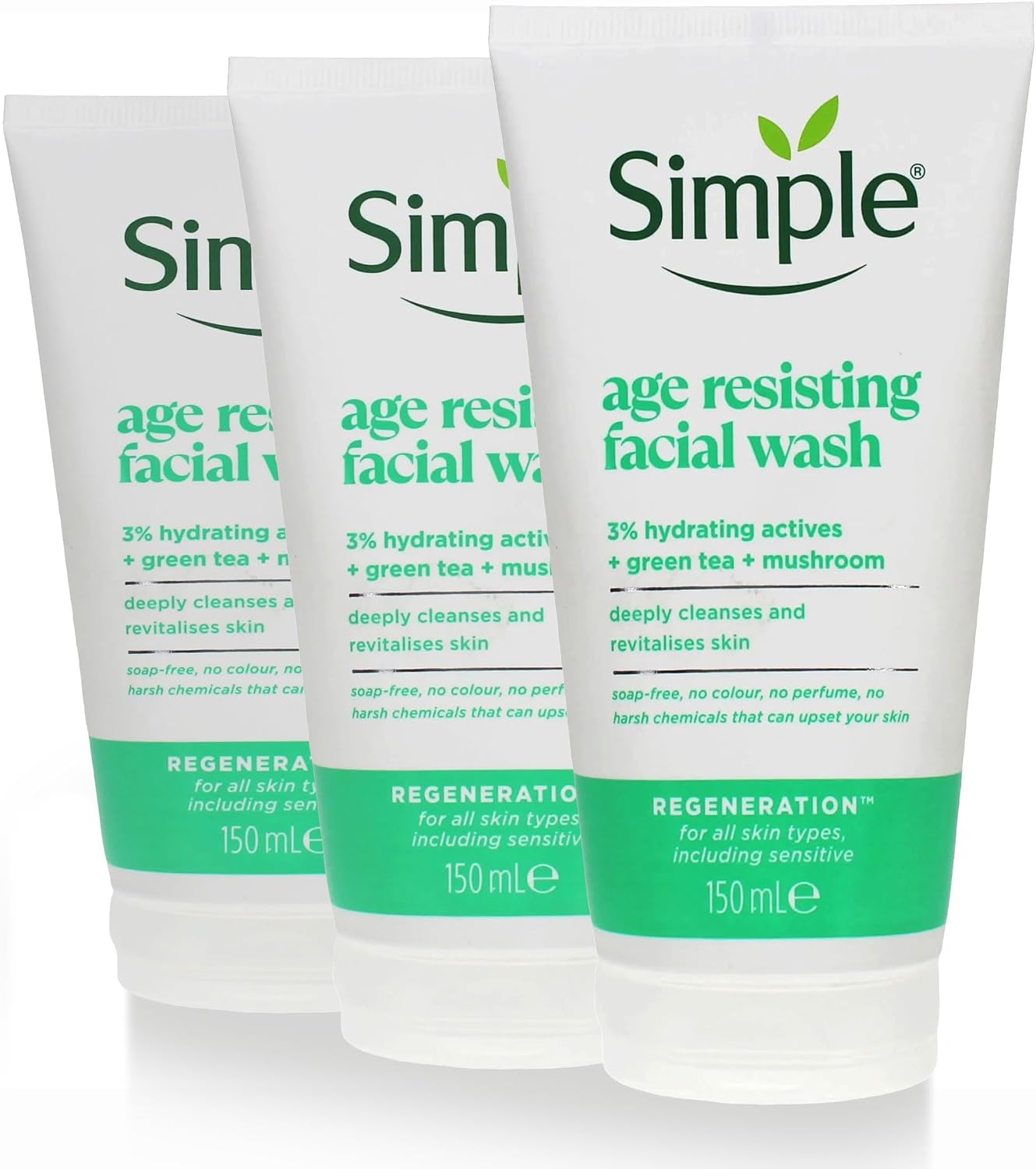 3x 150ml Simple Regeneration Age Resisting Facial Wash with Green Tea and Prebiotic Cleanser for Revived and Revitalised Skin – Bundled by Smart Cutie