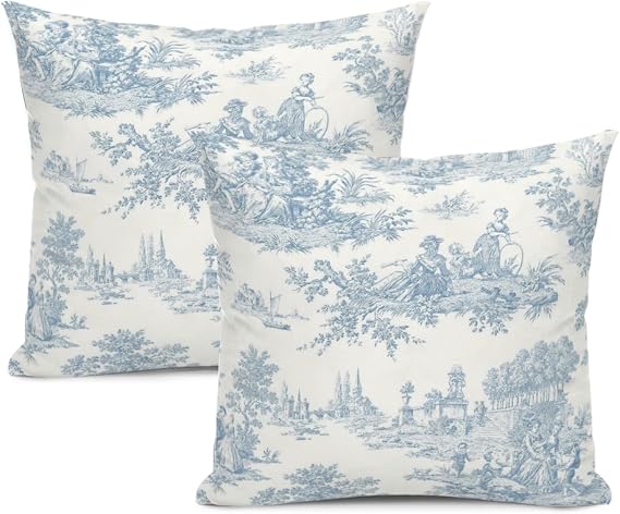 Blue Toile Pillow Covers French Country Throw Pillows Vintage Cottage Pillows Cases 18x18 Set of 2 for Farmhouse Sofa Couch Living Room Bedroom Christmas Decor