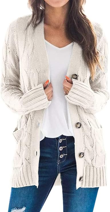 Easygou Womens Button Cardigan Sweater Coat Cable Chunky Knit Oversized Sweater Soft Long Sleeve Open Front Slouchy Pocket Outwear Coat