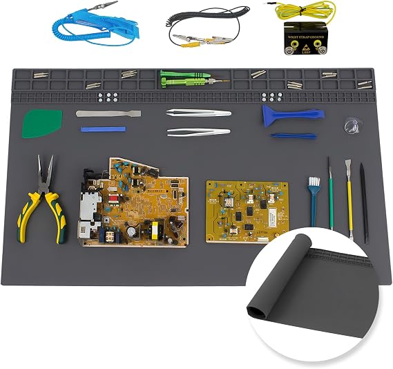Extra Large Soldering Mat, 27.6''x 15.7'' Large Silicone Repair Mat, 932°F Heat Resistant Workbench Mat for Electronic, Cellphone, Laptop Repair with ESD Wrist Strap and Grounding Accessories (Grey)