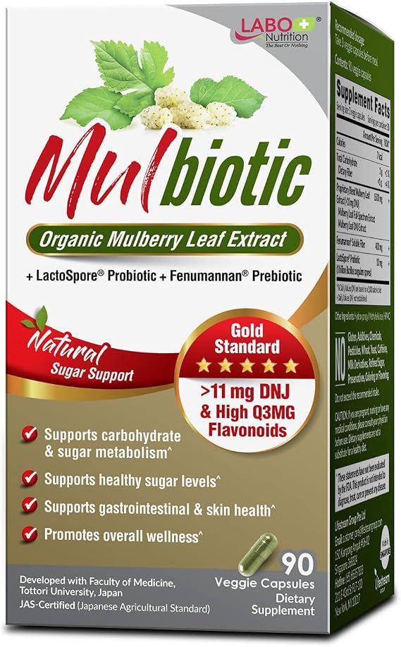 LABO Nutrition Mulbiotic Capsule, Organic Mulberry Leaf Extract + LactoSpore Probiotic & Fenumannan Prebiotic, for Healthy Carb Cravings Support, Vegetarian, Non-GMO