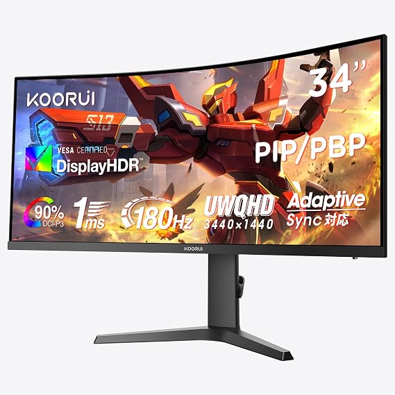 KOORUI Curved Gaming Monitor 34 Inches WQHD 3440 x 1440 180Hz 1ms 21:9 Curved Ultra Wide VA HDR400 / Tilt and Height Adjustment / HDMI Port x 2, DisplayPort x 1