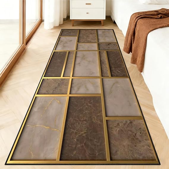 Abstract Brown Runner Rugs for Hallway, 60x150cm Mid Century Runner Rug for Kitchen, Gold Brown Geometry Carpet Runner Washable Non-Slip Mats for High Traffic Areas Decor