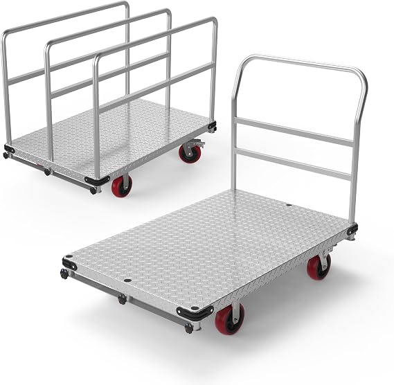 2-in-1 Steel Panel Truck, 3000 lb Drywall Cart, 44 x 28 in | Lumber Cart Flatbed Dolly with 2 mm Steel Plate, 6" Swivel Brake Wheels, 1 Front and 3 Side Handrails for Warehouse Use
