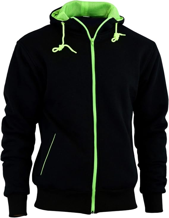 BLACK & HIVIZ FLEECE HOODIE REMOVABLE ARMOUR MOTORBIKE MOTORCYCLE JACKET (XL)