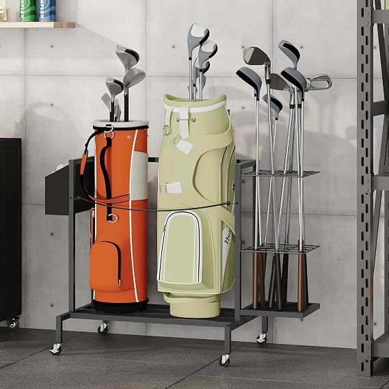 MAHANCRIS Golf Bag Organizer for Garage, Golf Bag Storage Stand Fits 2 Golf Bags, Freestanding Golf Club Holder for Garage, Shed, Home, Basement, Other Golfing Equipment Accessories, Black BEBK17501