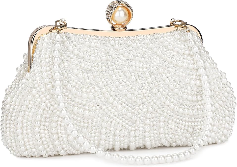 UBORSE Women Pearl Clutch Bag Noble Crystal Beaded Evening Bag Wedding Clutch with Pearl Chain