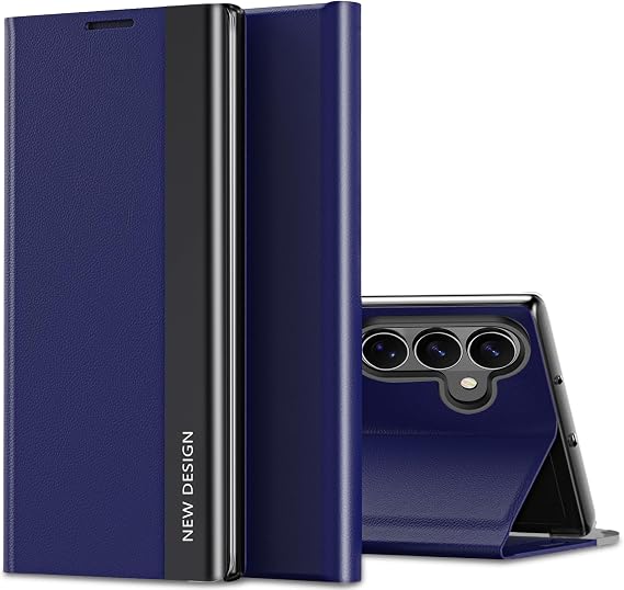Samsung Galaxy S26 ケース S View用フリップケース、高級電気メッキストリップウルトラスリムフォンケース、PU&PCハイブリッド360度耐衝撃保護フリップフォリオカバーSamsung Galaxy S26用ブルー