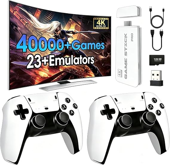 2026 New Wireless Retro Game Console, 23 Emulators and 40000+Games, Plug and Play 4K HDMI TV Game Stick, with Dual 2.4G Wireless Controllers (80G)