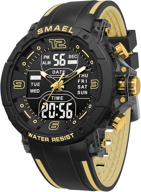 SMAEL Men Military Outdoor Sports Watch, Waterproof Multifunctional Watch, Stopwatch, Date Display, LED Backlit Dual Display Movement