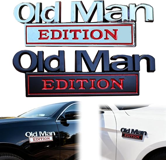 2PCS Old Man Edition Car Emblem, 3D Metal Sticker Badge, Funny Edition Nameplate Decal For Side, Silver Red & Black Red CarTags for Car Truck SUV Motorcycle