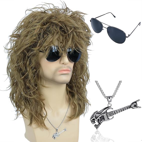 morvally Mens Women 80s Rocker Mullet Wig with Glasses and Necklace Long Curly Glam Rock-Rockstar Wig Punk Heavy Metal Hair Wig Perfect for Halloween, Cosplay, DIY Themed Costume Party