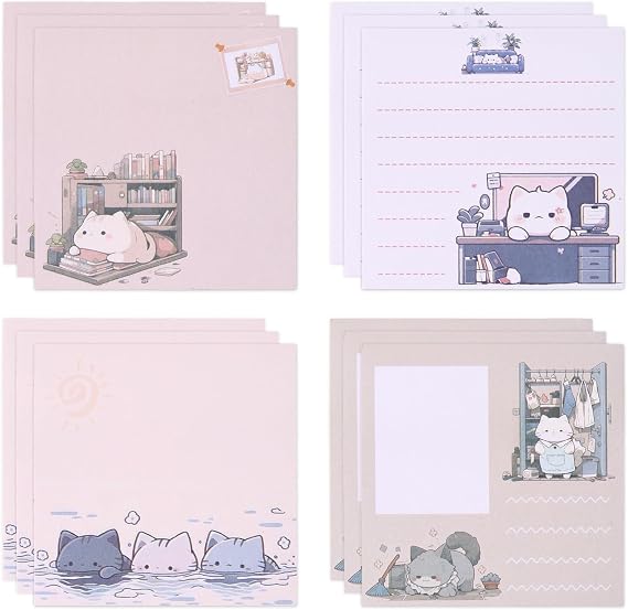 12 Pack Cute Cartoon Cat Sticky Notes, 600 Sheets 3 x 3 Inch Self-Stick Note Pads, Comic Cat Funny Novelty Memo Pad, Easy to Post for Student Studying Home Office School (4 Styles)